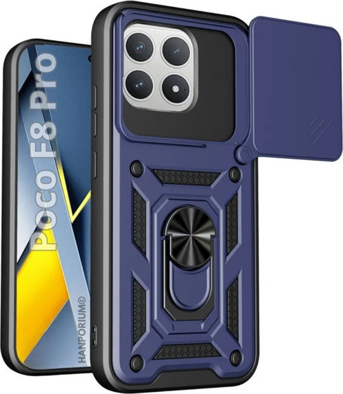 Poco F8 Pro Uyumlu Tank Kılıf - Yüzüklü Standlı Extra Darbe Koruma Zırhlı Outdoor Kapak - Lacivert