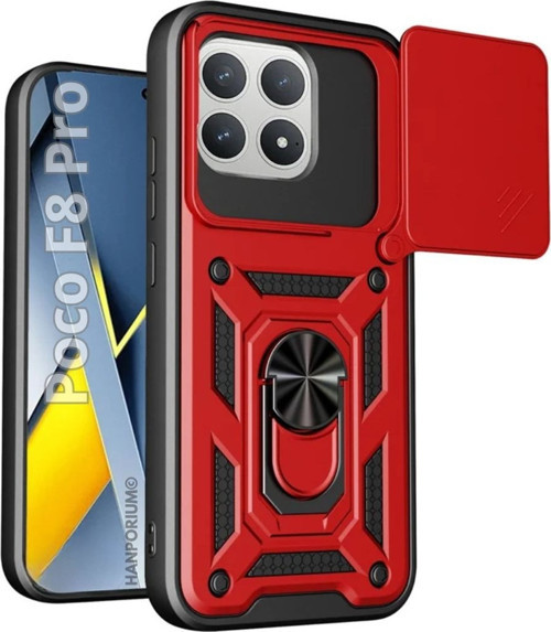 Poco F8 Pro Uyumlu Tank Kılıf - Yüzüklü Standlı Extra Darbe Koruma Zırhlı Outdoor Kapak - Kırmızı