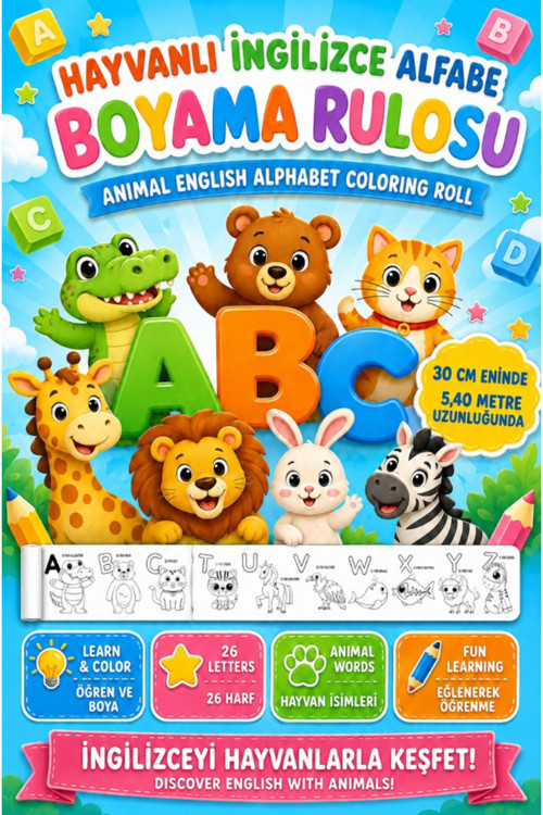 Hayvanlı Ingilizce Alfabe Boyama Rulosu-Animal English Alphabet Coloring Roll For Kids
