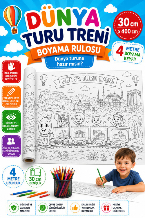 Dünya Turu Treni Boyama Rulosu 30 X 400 Cm | Çocuklar Için Eğitici Dev Boyama Posteri | Dünya Ülkeleri, Kültürler Ve Tarihi Yapılar | 4 Metre Keşif Ve Boyama Etkinliği |