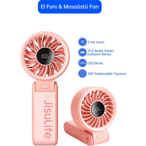 Handheld Fan Life 7 El Fanı & Masaüstü Fan 5000 Mah Pembe
