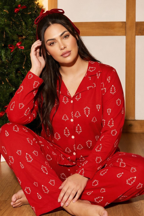 Yılbaşı Temalı Desenli Termal Kumaşlı Ultra Soft Yumuşak Büyük Beden Battal Boy Düğmeli Örme Pijama Takımı 26226516