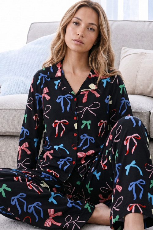 Siyah Desenli Termal Kumaşlı Ultra Soft Yumuşak Düğmeli Örme Pijama Takımı