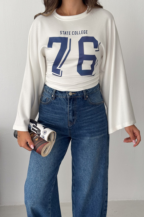 Kadın 76 Baskılı Oversize Bluz Geniş Kollu Bisiklet Yaka Salaş Üst
