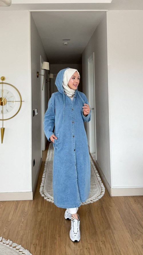 🧥 Kadın Oversize Kapüşonlu İnce Tensel Kot Kap – 120 cm