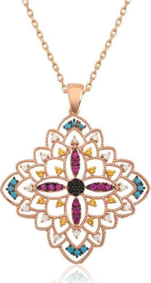Gümüş Rose Etnik Desenli Madalyon Kolye