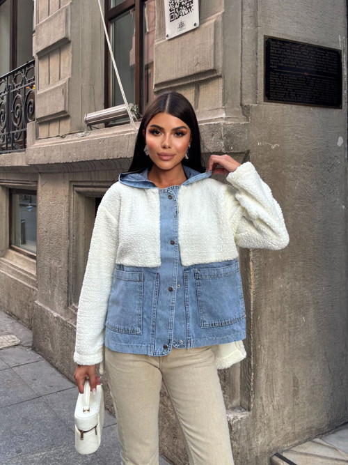 Kadın %100 Pamuk Kapüşonlu Çıtçıtlı Denim Detaylı Peluş Ceket – Oversize Günlük Mont