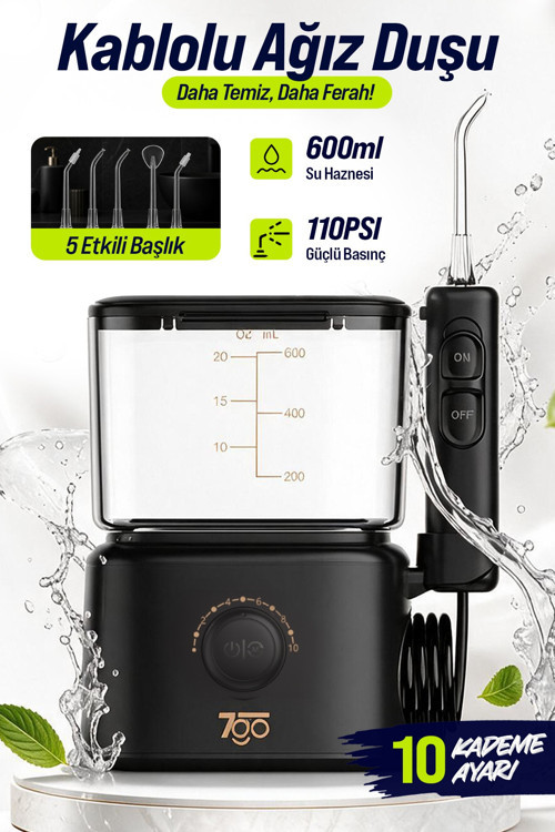 7GMF3 600 ML Ağız Duşu – 110 PSI Güçlü Su Basıncı, 5 Kademeli Ayar, 5 Başlık, 360° Döner Uç, IPX