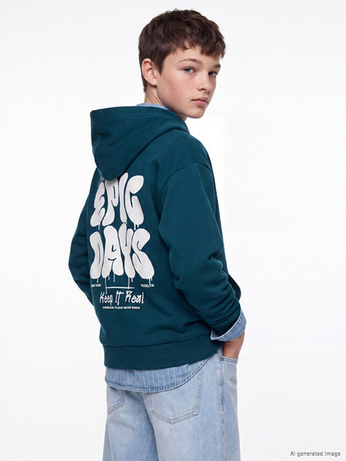 LCW Kids Petrol Kapüşonlu Nyc Baskılı Erkek Çocuk Kalın Sweatshirt