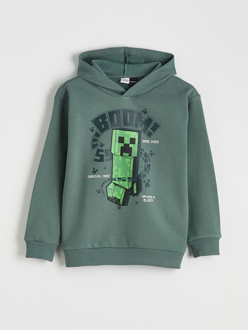 LCW Kids Petrol Kapüşonlu Minecraft Baskılı Erkek Çocuk Kalın Sweatshirt