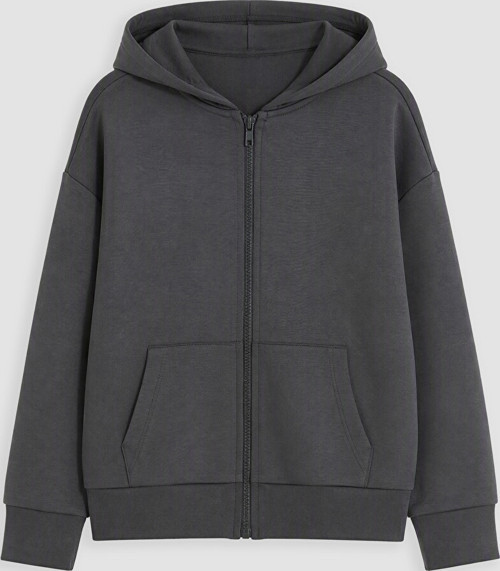 LC WAIKIKI Antrasit Kapüşonlu Kız Çocuk Soft Touch Fermuarlı Sweatshirt