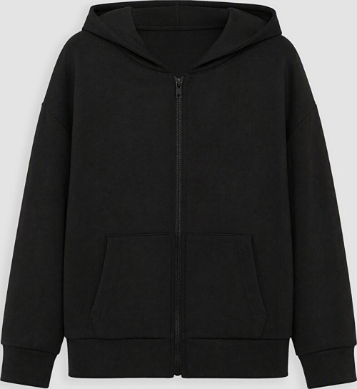 LC WAIKIKI Siyah Kapüşonlu Kız Çocuk Soft Touch Fermuarlı Sweatshirt