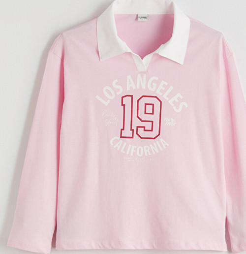 LCW Kids Pembe Polo Yaka Los Angeles Baskılı Kız Çocuk Tişört