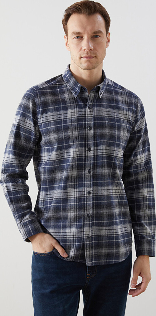LCWAIKIKI Classic Lacivert Regular Fit Uzun Kollu Ekose Gabardin Erkek Gömlek