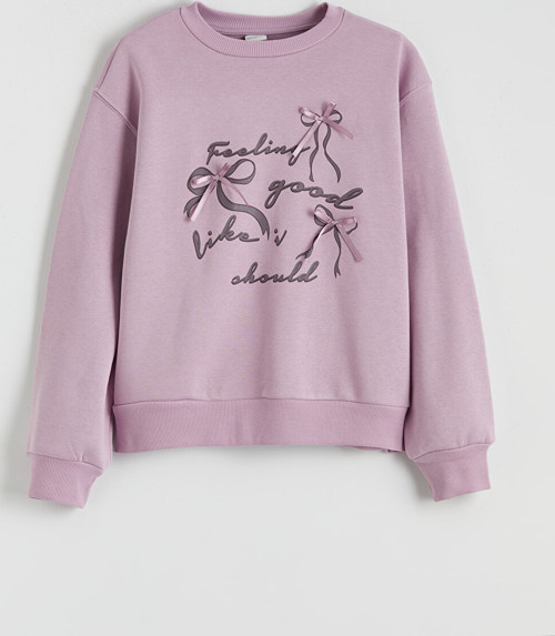 LCW Kids Lila Bisiklet Yaka Fiyonk Detaylı Kız Çocuk Kalın Sweatshirt