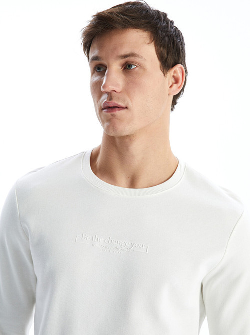 LCWAIKIKI Classic Beyaz Bisiklet Yaka Baskılı Erkek Kalın Sweatshirt