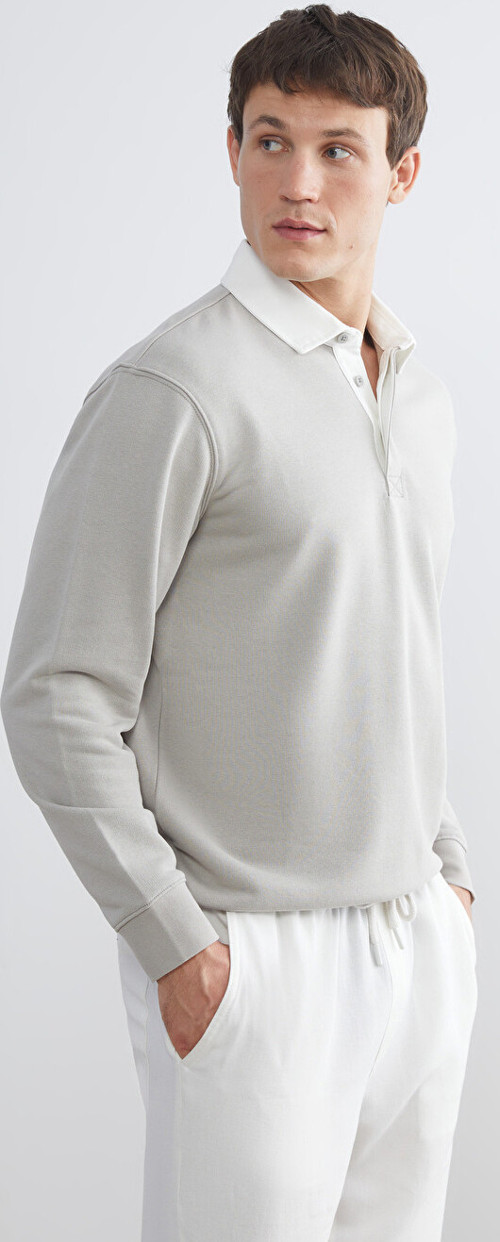 LCW Vision Gri Kontrast Polo Yakalı Erkek Sweatshirt