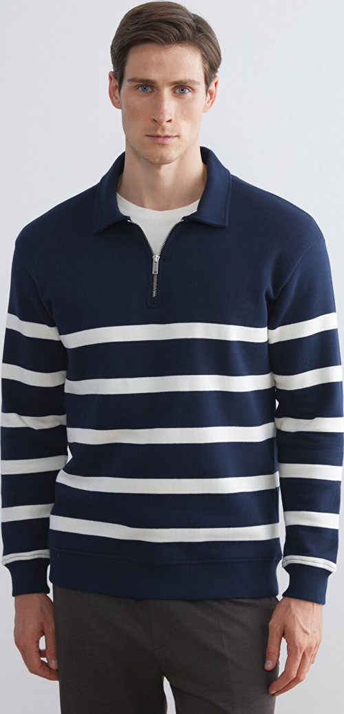 LCW Vision Lacivert Polo Yaka Uzun Kollu Çizgili Erkek Sweatshirt