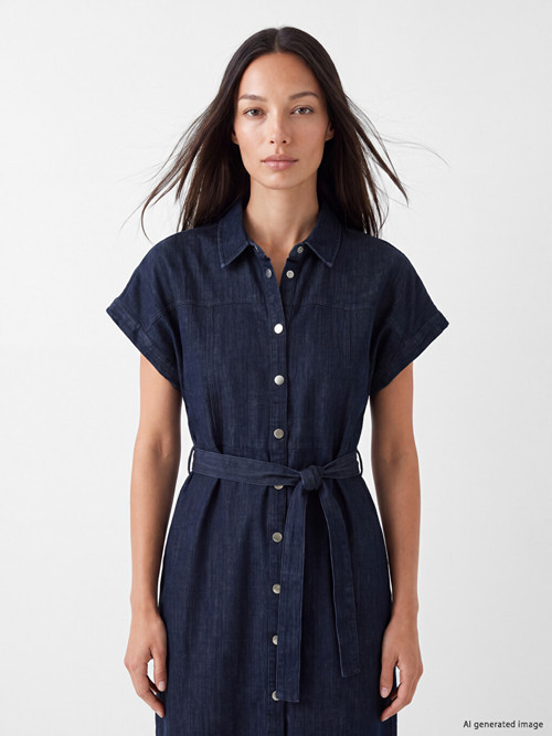 LCW STUDIO İndigo Beli Kuşaklı Jean Gömlek Elbise