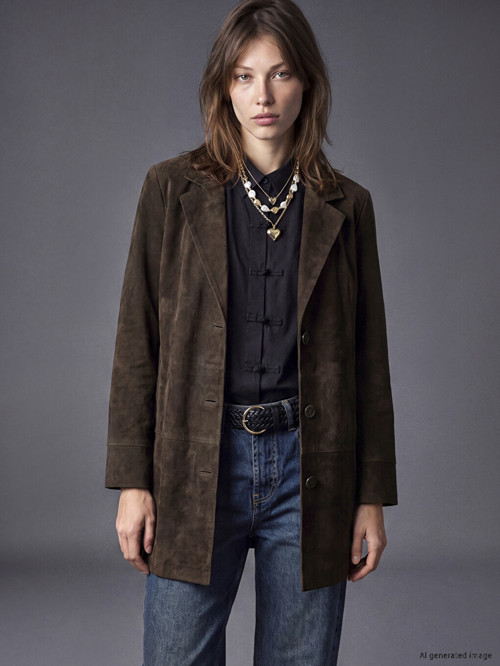 LCW Vision Kahverengi Gömlek Yaka Kadın Süet Görünümlü Kaban