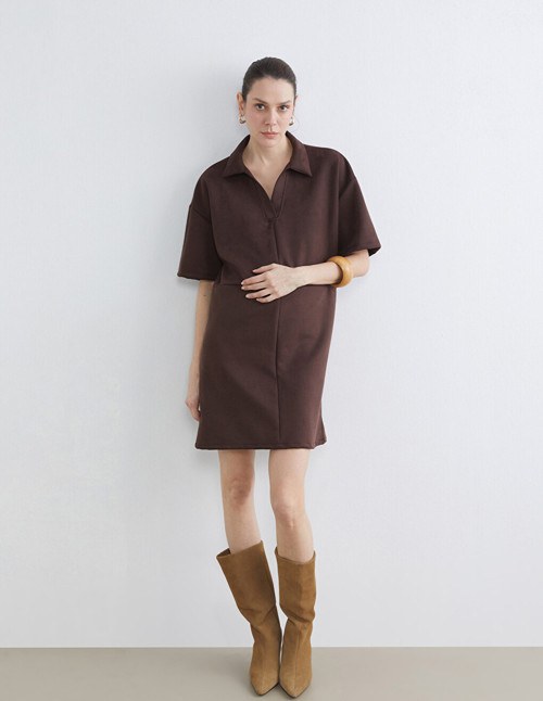 LCW Comfort Kahverengi Gömlek Yaka Süet Mini Elbise