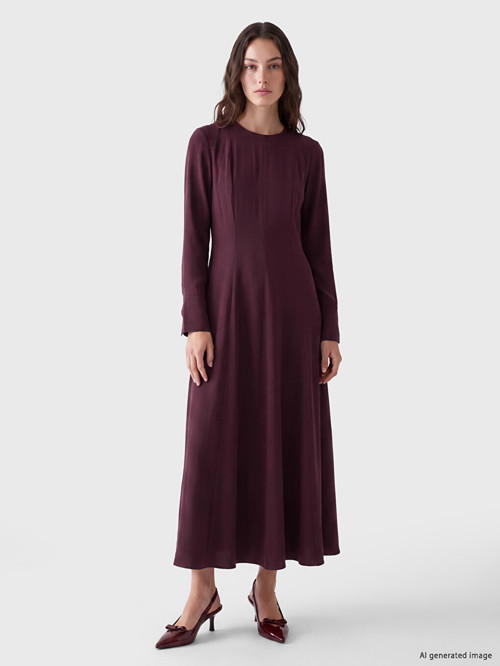 LCW Modest Bordo Bisiklet Yaka Belden Oturtmalı Elbise