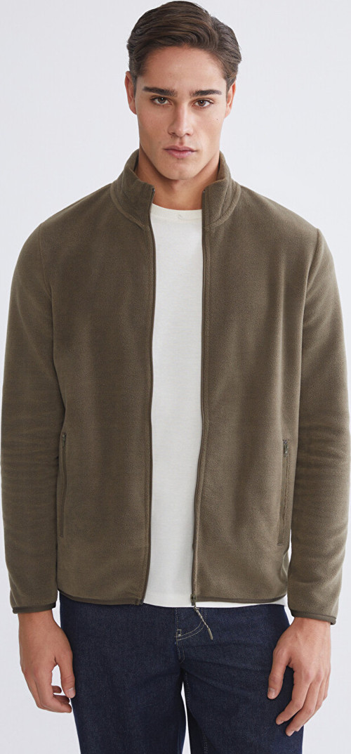 LCWAIKIKI Classic Haki Dik Yaka Uzun Kollu Polar Erkek Fermuarlı Sweatshirt