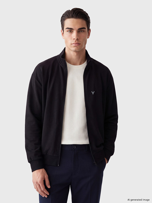 LCW ECO Siyah Dik Yaka Erkek Fermuarlı Sweatshirt