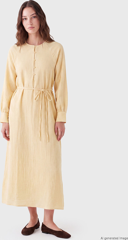 LCW Modest Sarı Bisiklet Yaka Müslin Elbise