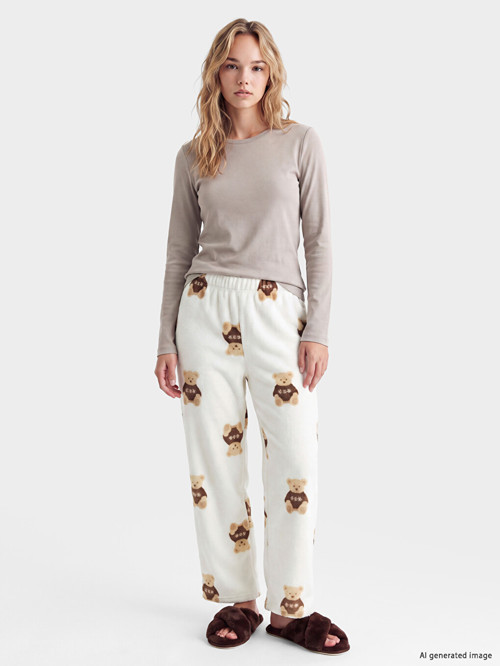 LCW DREAM Ekru Ayı Teddy Desenli Kadın Pelüş Pijama Altı
