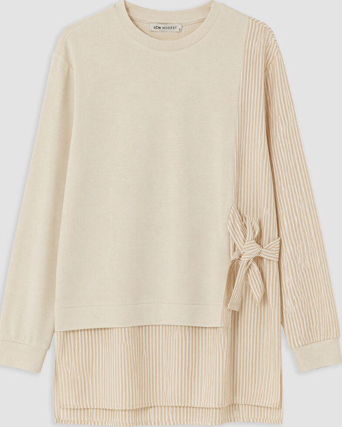 LCW Modest Bej Çizgili Soft Touch Kadın Sweatshirt Tunik