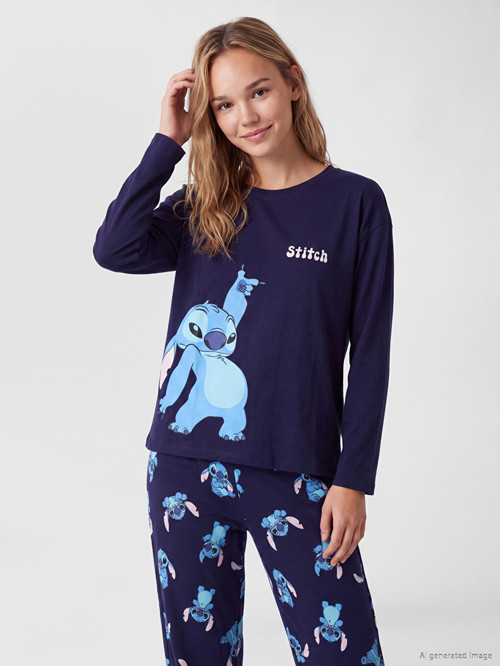 LCW Young Lacivert Stitch Baskılı Kadın Pijama Takım