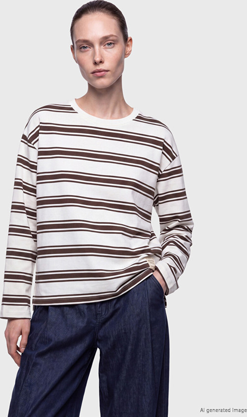 LCW Comfort Kahverengi Bisiklet Yaka Çizgili Kadın Sweatshirt