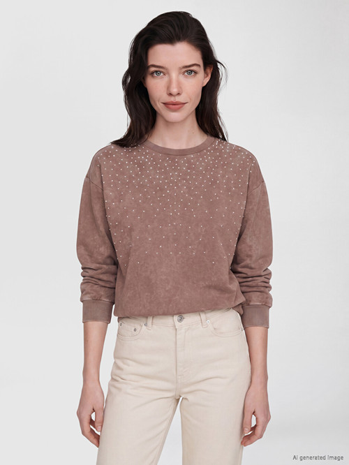 LCW Comfort Kahverengi Bisiklet Yaka Taşlı Kadın Sweatshirt