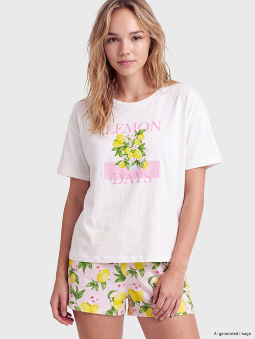 LCW DREAM Pembe Limon Baskılı Kadın Şortlu Pijama Takımı