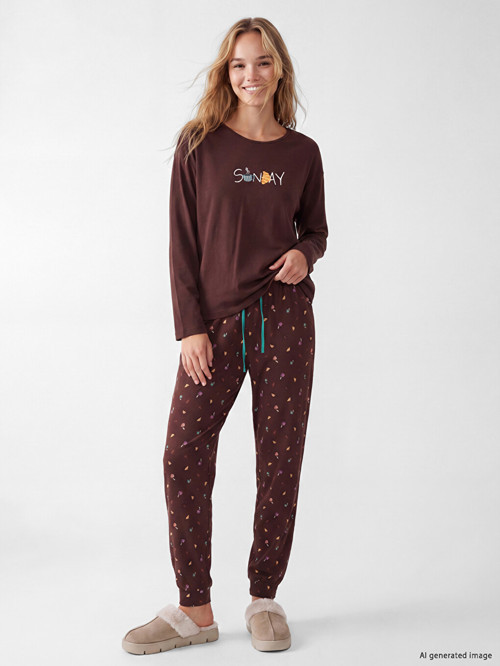 LCW DREAM Kahverengi Bisiklet Yaka Baskılı Kadın Pijama Takım