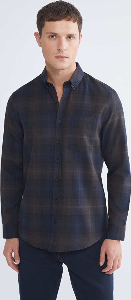LCWAIKIKI Classic Lacivert Regular Fit Uzun Kollu Ekose Gabardin Erkek Gömlek