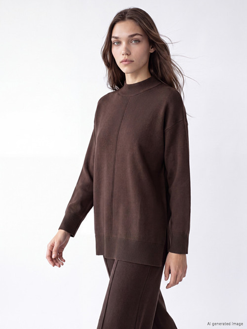 LC WAIKIKI Kahverengi Yarım Balıkçı Yaka Kadın Oversize Triko Tunik