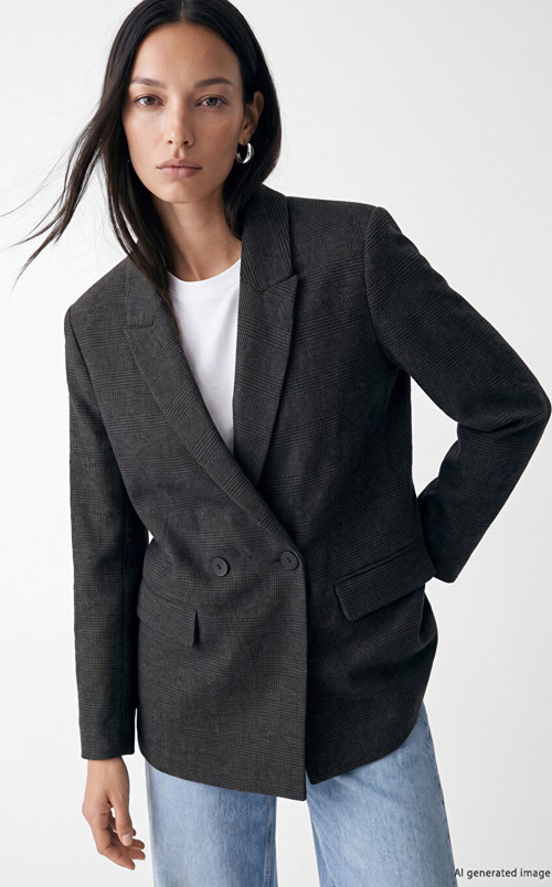 LCW STUDIO Gri Kruvaze Yaka Ekose Kadın Blazer Ceket