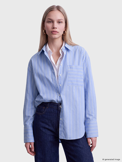 LCW Vision Mavi Çizgili Cepli Oversize Kadın Gömlek