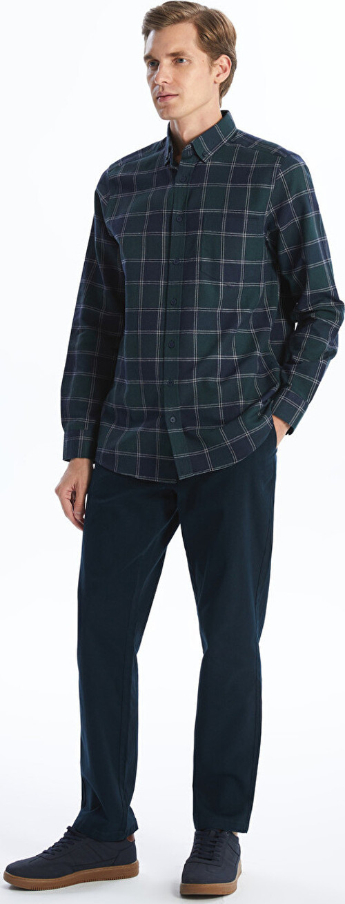 LCWAIKIKI Classic Yeşil Regular Fit Uzun Kollu Ekose Gabardin Erkek Gömlek