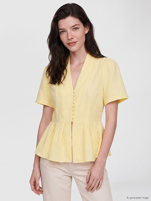 LCW Comfort Sarı V Yaka %100 Pamuklu Peplum Bluz