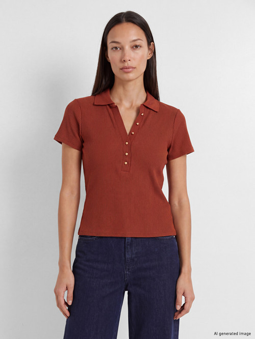 LCW EVERYDAY Kahverengi Polo Yaka Kadın Fitilli Tişört