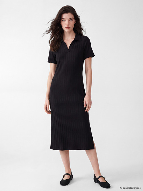 LCW Comfort Siyah Polo Yaka Yırtmaçlı Fitilli Elbise