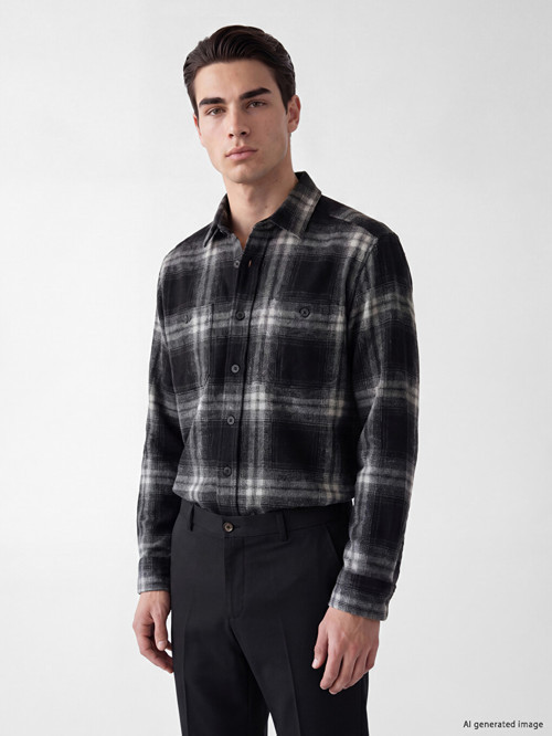 LCWAIKIKI Classic Siyah Relax Fit Ekose Gabardin Erkek Gömlek