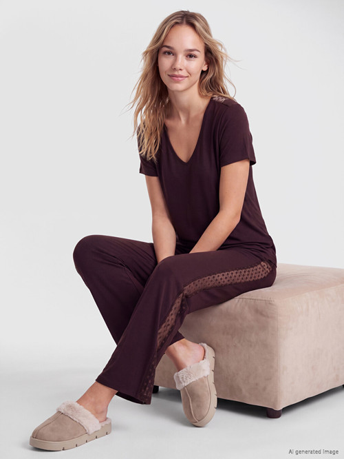 LCW DREAM Kahverengi V Yaka Desenli Kadın Pijama Takım