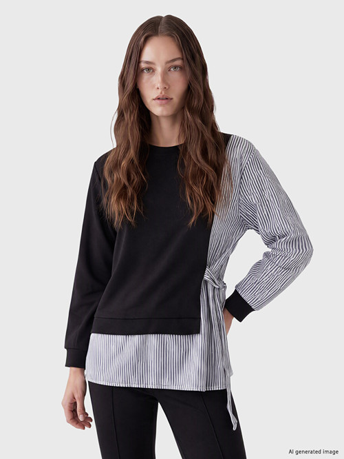 LCW Modest Siyah Çizgili Soft Touch Kadın Sweatshirt Tunik
