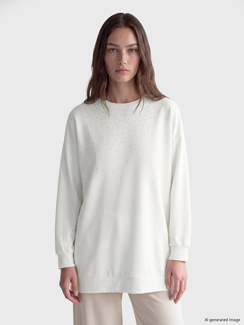 LCW Modest Beyaz Taşlı Soft Touch Kadın Sweatshirt Tunik