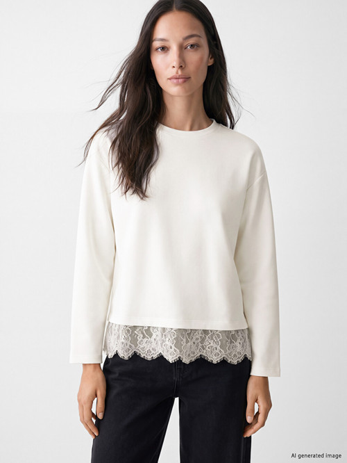 LCW Comfort Beyaz Dantel Detaylı Soft Touch Kadın Sweatshirt