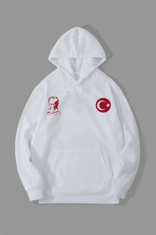 10 Kasım’a Özel Termal Konforlu Şardonlu Üç İplik Kapüşonlu Sweatshirt - Beyaz
